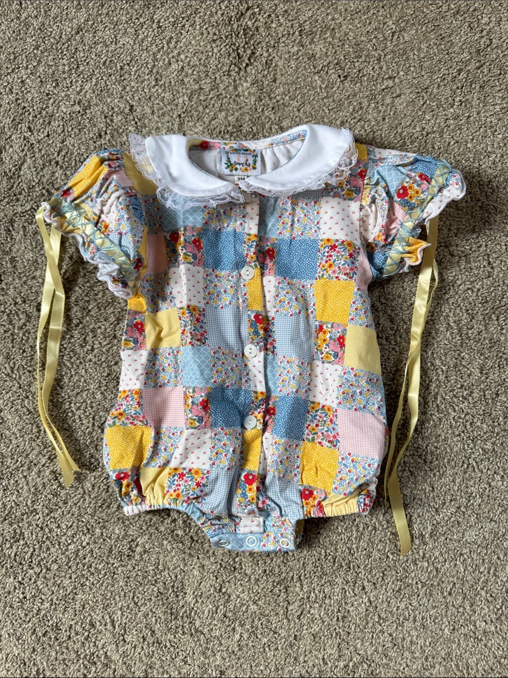Patchwork Floral Baby One-Piece Bodysuit with Peter Pan Collar - Yellow & Blue